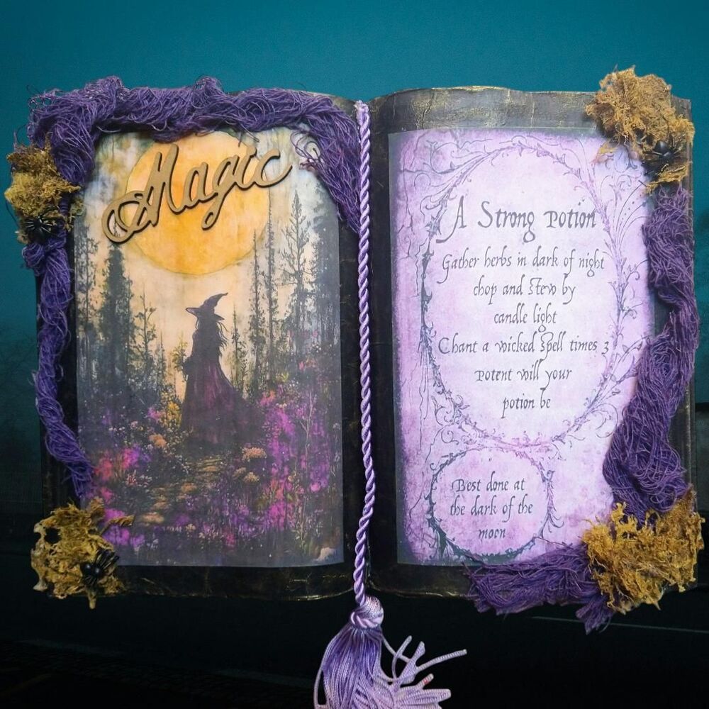 MAGIC Strong Potion Lavender Witch Open Spell Book Decor with Wand